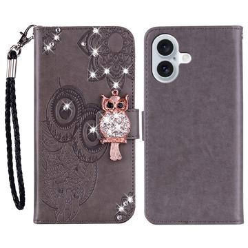 Capa de carteira com strass de coruja para iPhone 16 - Cinzento
