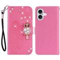 Capa para carteira iPhone 16 Owl Rhinestone - Cor-de-Rosa Forte
