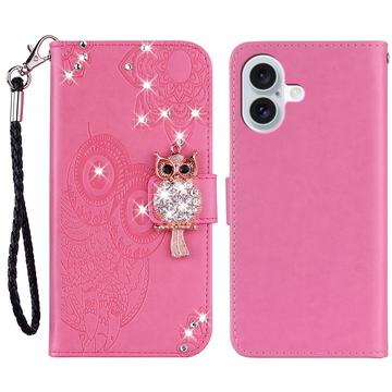 Capa para carteira iPhone 16 Owl Rhinestone - Cor-de-Rosa Forte