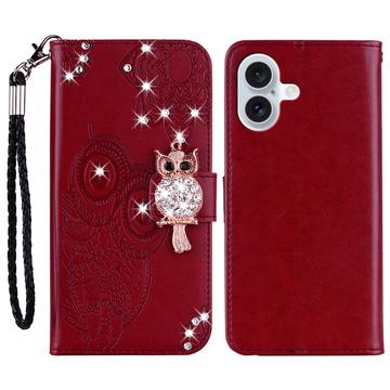 Capa de carteira com strass de coruja para iPhone 16 - Vermelho