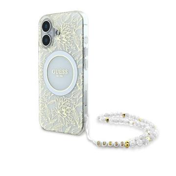 Capa com alça de pérola para iPhone 16 Plus Guess IML Flowers Allover Electro - Compatível com MagSafe - Branco