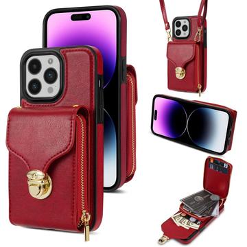 Capa multifunções para iPhone 16 Pro com carteira e correia - Vermelho