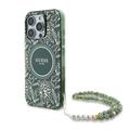 Capa com alça de pérola para iPhone 16 Pro Guess IML Flowers Allover Electro - Compatível com MagSafe - Verde