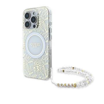 Capa com alça de pérola para iPhone 16 Pro Guess IML Flowers Allover Electro - Compatível com MagSafe - Branco