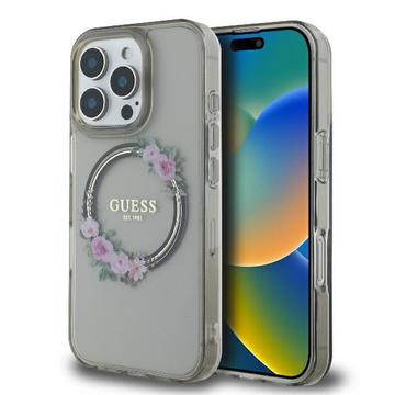 Capa Guess IML Flowers Wreath para iPhone 16 Pro - Compatível com MagSafe - Preto