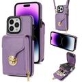 Capa multifunções para iPhone 16 Pro Max com carteira e correia - Roxo
