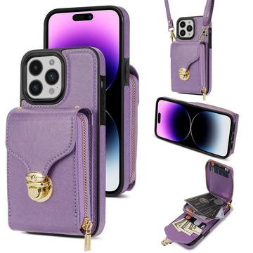 Capa multifunções para iPhone 16 Pro Max com carteira e correia - Roxo