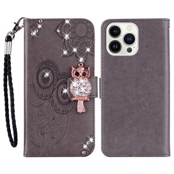 Capa de carteira com strass de coruja para iPhone 16 Pro Max