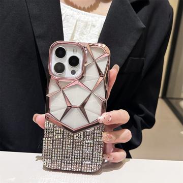 Capa para iPhone 16 Pro Max com padrão geométrico de diamante e strass - Rosa