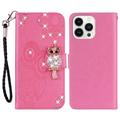 Capa para carteira iPhone 16 Pro Owl Rhinestone - Cor-de-Rosa Forte
