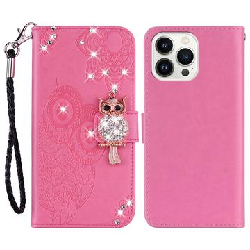 Capa para carteira iPhone 16 Pro Owl Rhinestone - Cor-de-Rosa Forte