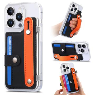 Capa de plástico CY1 para iPhone 16 Pro - Ranhura para cartões, bracelete, suporte para os pés - Preto