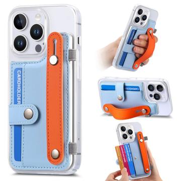 Capa de plástico CY1 para iPhone 16 Pro - Ranhura para cartões, bracelete, suporte para telemóvel - Azul celeste