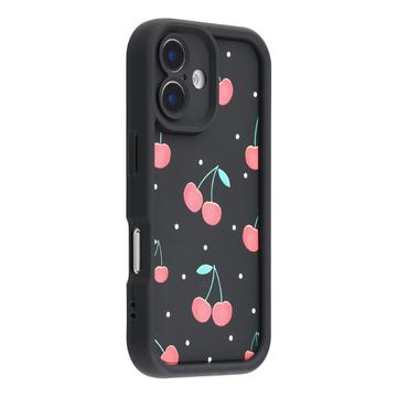 Capa TPU elegante à prova de choque para iPhone 16 com rebordos elevados - Preto / Cerejas