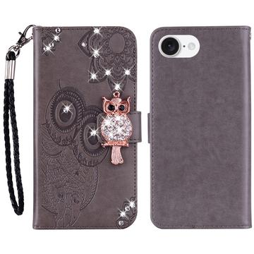 Capa de carteira com strass de coruja para iPhone 16e - Cinzento