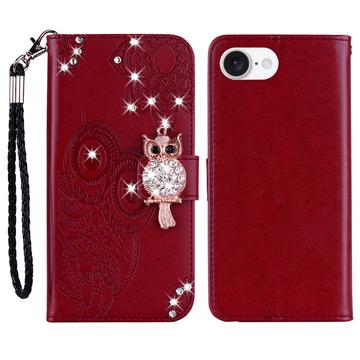 Capa de carteira com strass de coruja para iPhone 16e - Vermelho