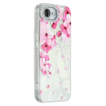 Capa híbrida IMD galvanizada com mola para iPhone 16e com protetor de câmara - Flores cor-de-rosa