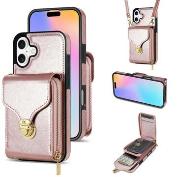 Capa multifunções para iPhone 17 com carteira e correia - Cor-de-Rosa Dourado