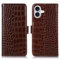 Bolsa de Pele Tipo Carteira Crocodile com RFID para iPhone 17 - Castanho