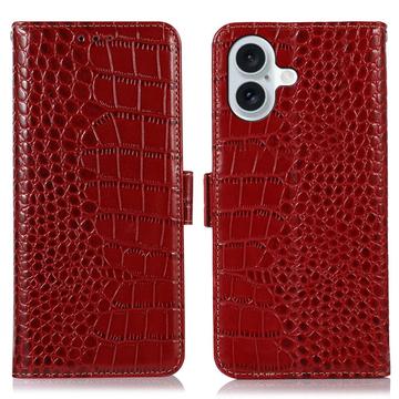 Bolsa de Pele Tipo Carteira Crocodile com RFID para iPhone 17 - Vermelho