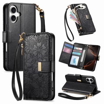 Capa para carteira com padrão floral e de folhas para iPhone 17 com bolso com fecho de correr e correia de pulso - Preto