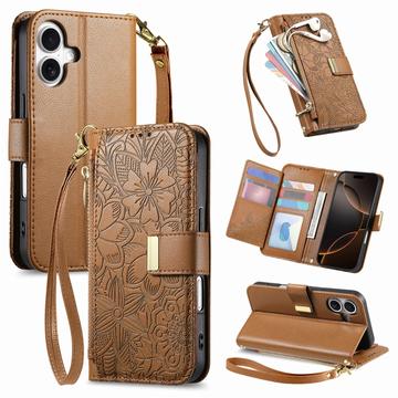 Capa para carteira com padrão floral e de folhas para iPhone 17 com bolso com fecho de correr e correia de pulso - castanha