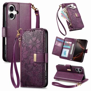 Capa para carteira com padrão floral e de folhas para iPhone 17 com bolso com fecho de correr e correia de pulso - púrpura