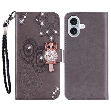 Capa de carteira com strass de coruja para iPhone 17 - Cinzento