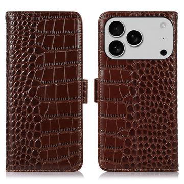Bolsa de Pele Tipo Carteira Crocodile com RFID para iPhone 17 Pro - Castanho