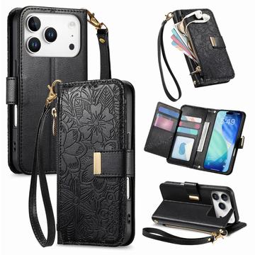 Capa para carteira com padrão floral e de folhas para iPhone 17 Pro com bolso com fecho de correr e correia de pulso