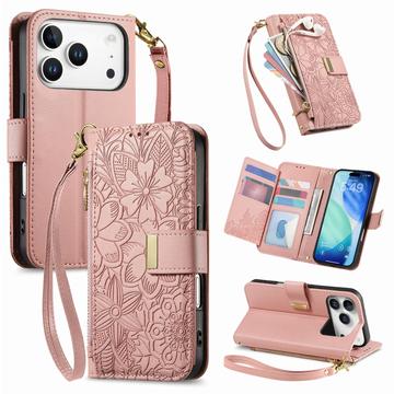 Capa para carteira com padrão floral e de folhas para iPhone 17 Pro com bolso com fecho de correr e correia de pulso - Rosa