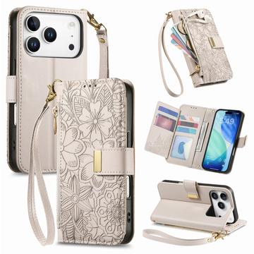 Capa para carteira com padrão floral e de folhas para iPhone 17 Pro com bolso com fecho de correr e correia de pulso - Branco