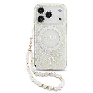 Capa com alça de pérola para iPhone 17 Pro Guess IML Flowers Allover Electro - Compatível com MagSafe - Branco