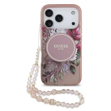 Capa iPhone 17 Pro Guess IML Flowers com alça de pérola