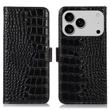 Bolsa de Pele Tipo Carteira Crocodile com RFID para iPhone 17 Pro Max - Preto