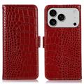 Bolsa de Pele Tipo Carteira Crocodile com RFID para iPhone 17 Pro Max - Vermelho
