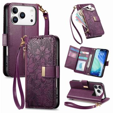 Capa para carteira com padrão floral e de folhas para iPhone 17 Pro Max com bolso com fecho de correr e correia de pulso - púrpura