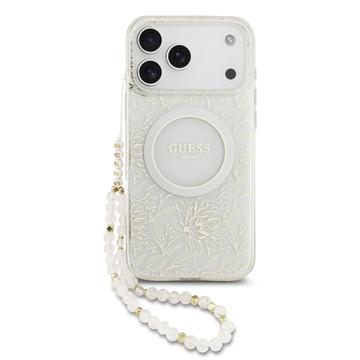 Capa com alça de pérola para iPhone 17 Pro Max Guess IML Flowers Allover Electro - Compatível com MagSafe - Branco