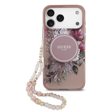 Capa com alça de pérola iPhone 17 Pro Max Guess IML Flowers - Rosa