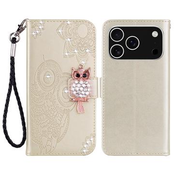 Capa de carteira com strass de coruja para iPhone 17 Pro Max - Ouro