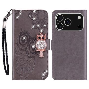 Capa de carteira com strass de coruja para iPhone 17 Pro Max - Cinzento