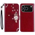 Capa de carteira com strass de coruja para iPhone 17 Pro Max - Vermelho