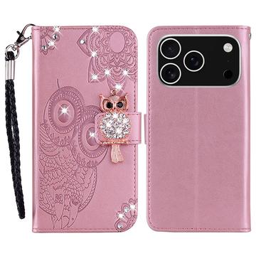 Capa de carteira com strass de coruja para iPhone 17 Pro Max