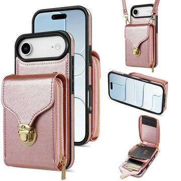 Capa multifunções para iPhone Air com carteira e correia - Cor-de-Rosa Dourado