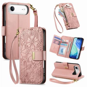 Capa para carteira com padrão floral e de folhas para iPhone Air com bolso com fecho de correr e correia de pulso - Rosa