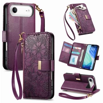 Capa para carteira com padrão floral e de folhas para iPhone Air com bolso com fecho de correr e correia de pulso - púrpura
