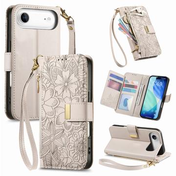 Capa para carteira com padrão floral e de folhas para iPhone Air com bolso com fecho de correr e correia de pulso - Branco