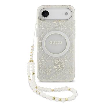 Capa com alça de pérola para iPhone Air Guess IML Flowers Allover Electro - Compatível com MagSafe - Branco