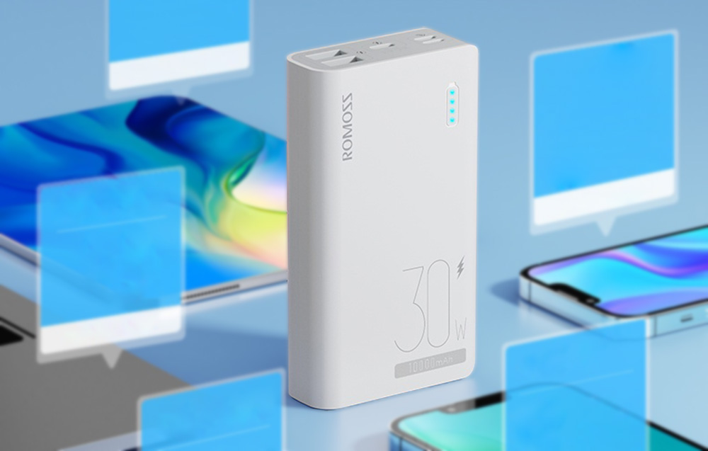 Banco de potência Romoss Sense 4S Pro 10000mAh/30W - 2xUSB-A, USB-C - Branco