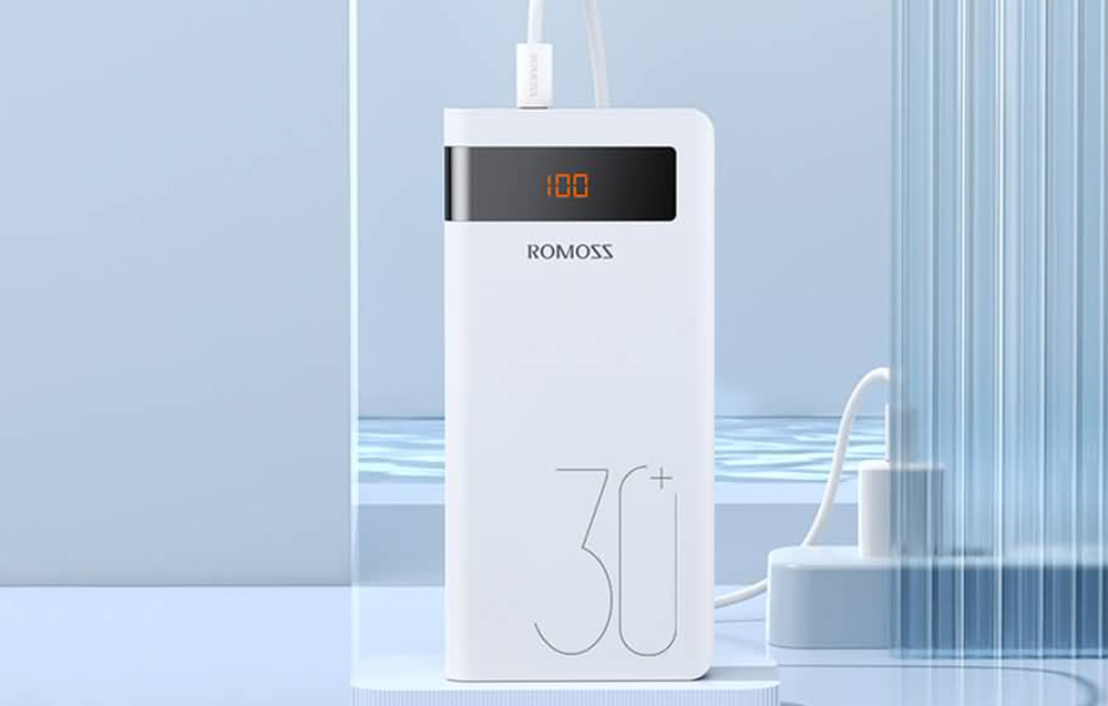 Romoss Sense 8P+ Power Bank 30000mAh com ecrã LED - 2xUSB-A, USB-C - Branco